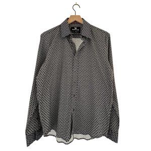 Buttercloth: Navy and white with tiny gray airplanes. Regular fit.